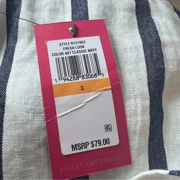 Vince Camuto Linen Off Shoulders Top White Blue Strips Short Sleeve Size  Small - Picture 4 of 7